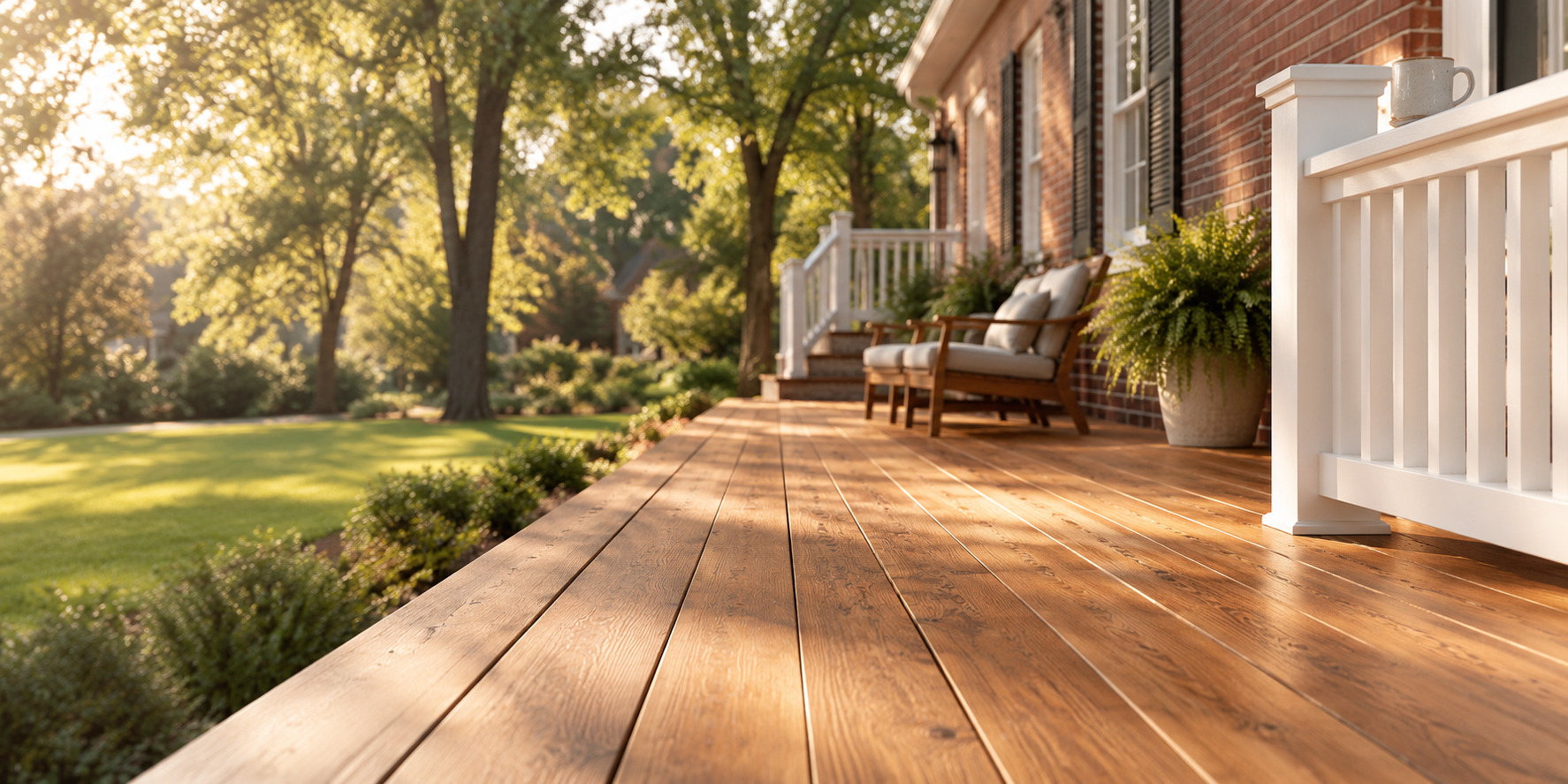 Restored wood deck with white railing and outdoor seating