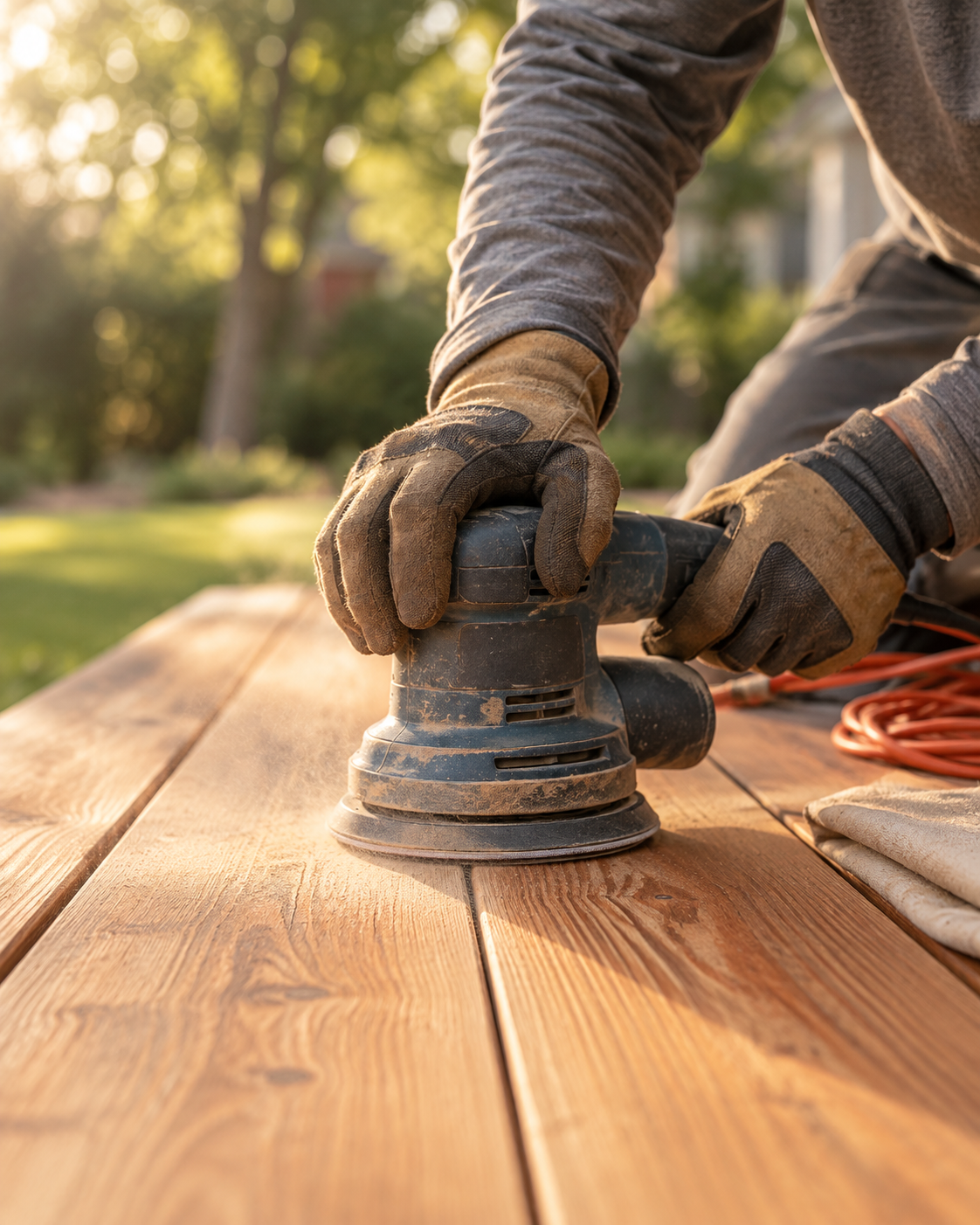 Craftsman sanding a wood deck with an orbital sander