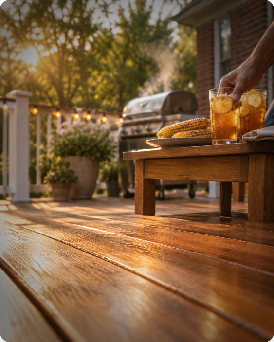 Grill and cold drinks on a restored wood deck at sunset