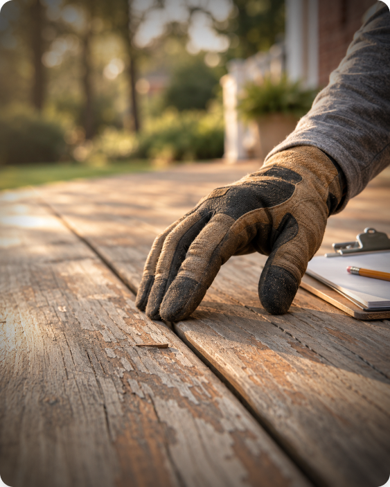 Gloved hand checking worn deck boards