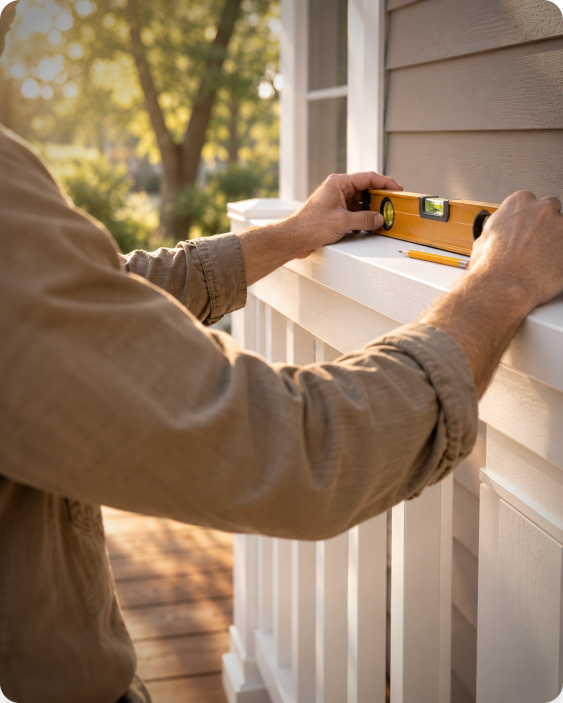 Contractor checking a deck railing with a level