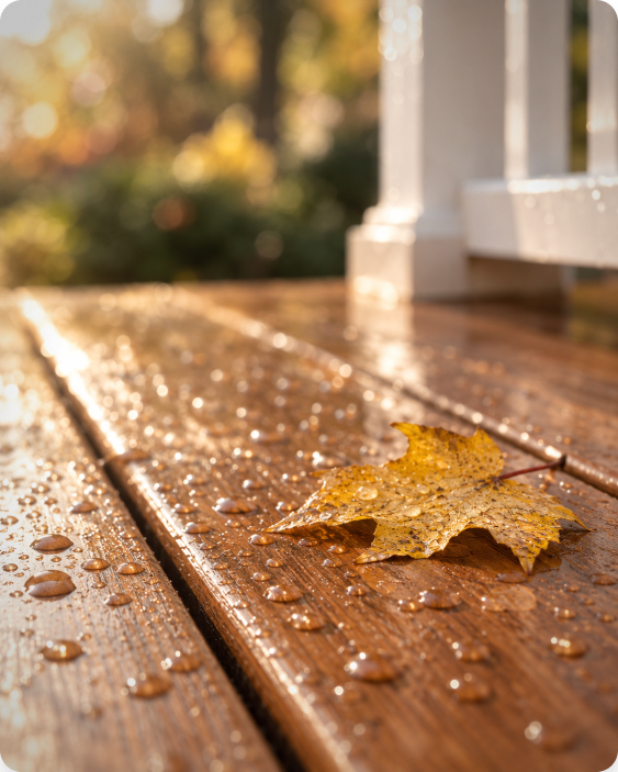Rain-beaded deck boards with a fallen maple leaf